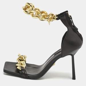 Pre Owned Versace Black Leather Medusa Chain Ankle Strap Sandals Size 38