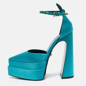 Versace Teal Blue Satin Aevitas Crystal Embellished Ankle Strap Platform Block Heel Pumps Size 39