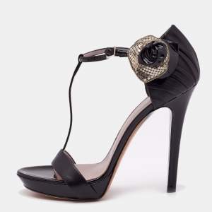 Versace Black Leather Flower Bow T- Strap Sandals Size 39        
