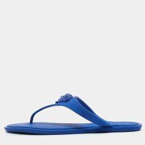 Versace Blue Rubber Medusa Thong Slide Flats Size 38.5