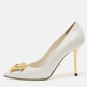 Pre Owned Versace White Leather Medusa Pointed Toe Pumps Size 36.5