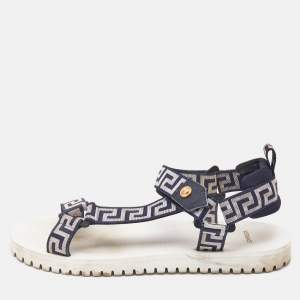 Versace Navy Blue/White Canvas La Greca Flat Sandals Size 43