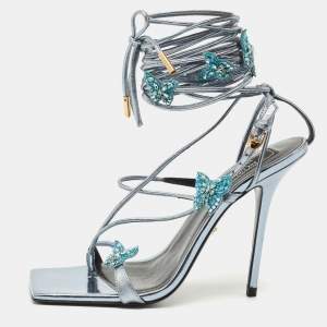 Versace x Dua Lipa Metallic Blue Leather Butterfly Wrap Around Sandals Size 40