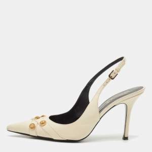 Versace Off White Leather Logo Detail Pointed Toe Slingback Pumps Size 38