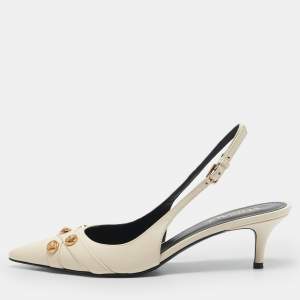Versace Off White Leather Medusa Logo Pointed Toe Slingback Pumps Size 36