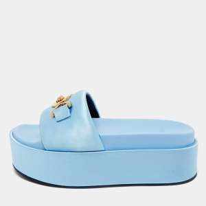 Versace Blue Satin Medusa Biggie Platform Slide Sandals Size 38