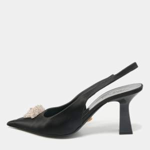 Versace Black Satin Crystal Embellished La Medusa Slingback Pumps Size 40