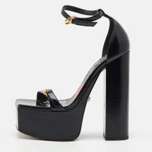 Versace Black Leather Block Heel Platform Ankle Strap Sandals Size 38