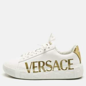Versace White/Gold Leather La Greca Lace Up Sneakers Size 38