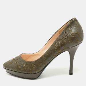 Versace Olive Brown Embroidered Leather Platform Pointed Toe Pumps Size 38