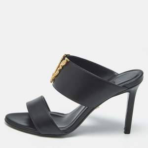 Versace Black Leather Virtus Slide Sandals Size 37