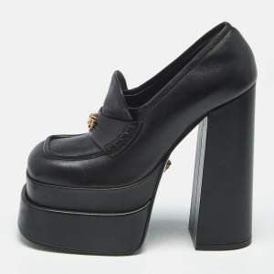 Pre Owned Versace Black Leather Aevitas Block Heel Pumps Size 37