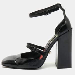 مملوكة مسبقًا Versace Black Leather Ankle Wrap Block Heel Pumps Size 38