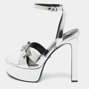 Pre Owned Versace Silver Foil Leather Ankle Strap Platform Sandals Size 40