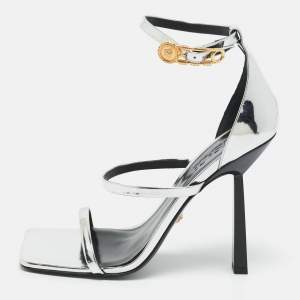 Pre Owned Versace Silver Leather Safety Pin Ankle Strap Sandals Size 41