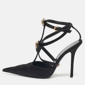مملوكة مسبقًا Versace Black Satin Ribbon Cage Ankle Strap Pumps Size 38