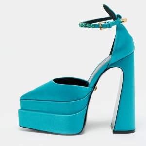 مملوكة مسبقًا Versace Medusa Crystal Size 38 Teal Green Satin Platform Pumps