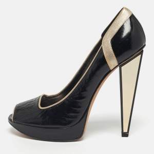 مملوكة مسبقًا Versace Size 40 Black/Gold Leather Platform Peep Toe Platform Pumps