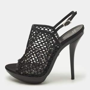 مملوكة مسبقًا Versace Size 40 Black Mesh and Satin Rhinestone Embellished Open Toe Ankle Strap Sandals            