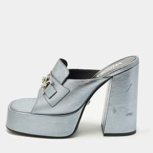 Pre Owned Versace Medusa Size 37 Metallic Leather Platform Sandals