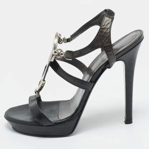 Pre Owned Versace Medusa Size 37 Black Leather and Metal Strappy Platform Slingback Sandals