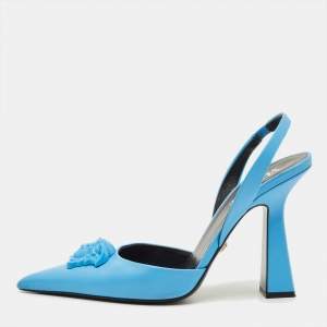 Pre Owned Versace Medusa Size 38.5 Blue Leather Pointed Toe Slingback Pumps
