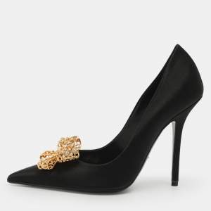 Pre Owned Versace Bow Size 38.5 Black Satin Pumps