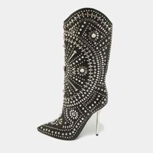 Pre Owned Versace Size 37 Black Leather Studded Mid Calf Boots