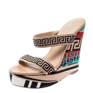 Versace Beige Printed Canvas Wedge Platform Sandals Size 37