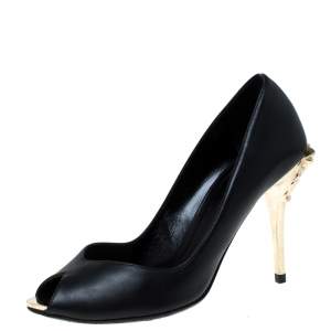Pre Owned Versace Black Leather Peep Toe Medusa Heel Pumps Size 35.5
