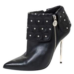 Pre Owned Versace Black Quilted Leather Fold Studded Pointed Toe Ankle Boots Size 41