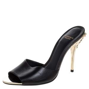 Versace Black Leather Medusa Heel Slide Sandals Size 37