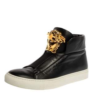 Versace Black Leather Palazzo Medusa High Top Sneakers Size 36