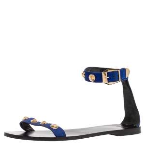 Pre Owned Versace Blue/Black Suede Medusa Stud Ankle Strap Flat Sandals Size 39