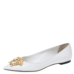 Pre Owned Versace White Leather Medusa Pointed Toe Ballet Flats Size 38