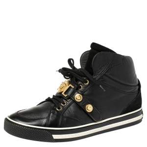 Versace Black Leather And Suede Medusa Strap High Top Sneakers Size 40