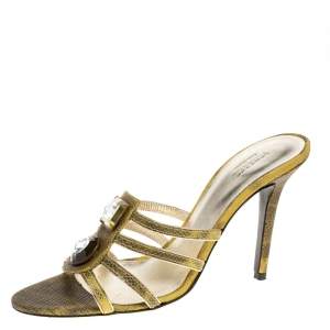 Versace Yellow Lizard Crystal Embellished Slide Sandals Size 38