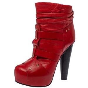 Pre Owned Versace Red  Leather Slip On Ankle Boots Size 39