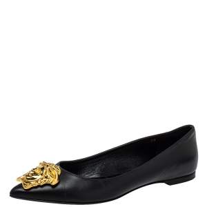 Pre Owned Versace Black Leather Medusa Pointed Toe Ballet Flats Size 38