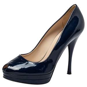 Pre Owned Versace Blue Patent Leather Peep Toe Platform Pumps Size 37