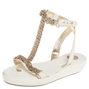 Versace White Patent Leather Chain Ankle Strap Sandals Size 39.5
