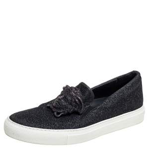 Versace Black Glitter Medusa Slip On Sneakers Size 38