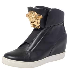 Versace Black Leather Palazzo Medusa Wedge High Top Sneakers Size 39
