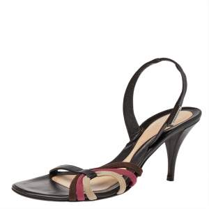 Versace Brown Leather And Fabric Slingback Sandals Size 39