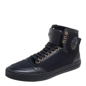 Versace Black Leather and Canvas High Top Sneakers Size 44