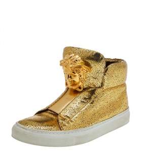 Versace Metallic Gold Crackle Leather Medusa High Top Sneakers Size 35.5