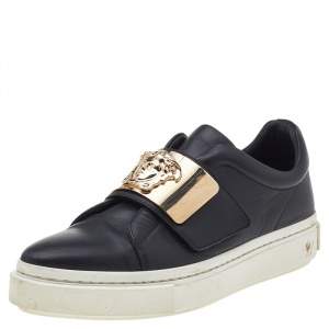 Versace Black Leather Medusa Embellished Velcro Strap Low Top Sneakers Size 37