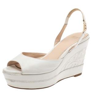 Versace White Leather Slingback Platform Wedge Sandals Size 37
