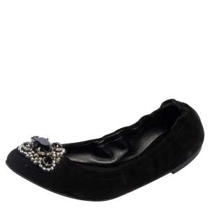 Versace Black Suede Embellished Scrunch Ballet Flats Size 39