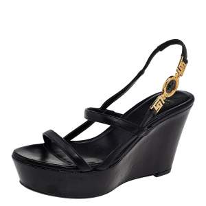 Versace Black Leather Wedge Sandals Size 36